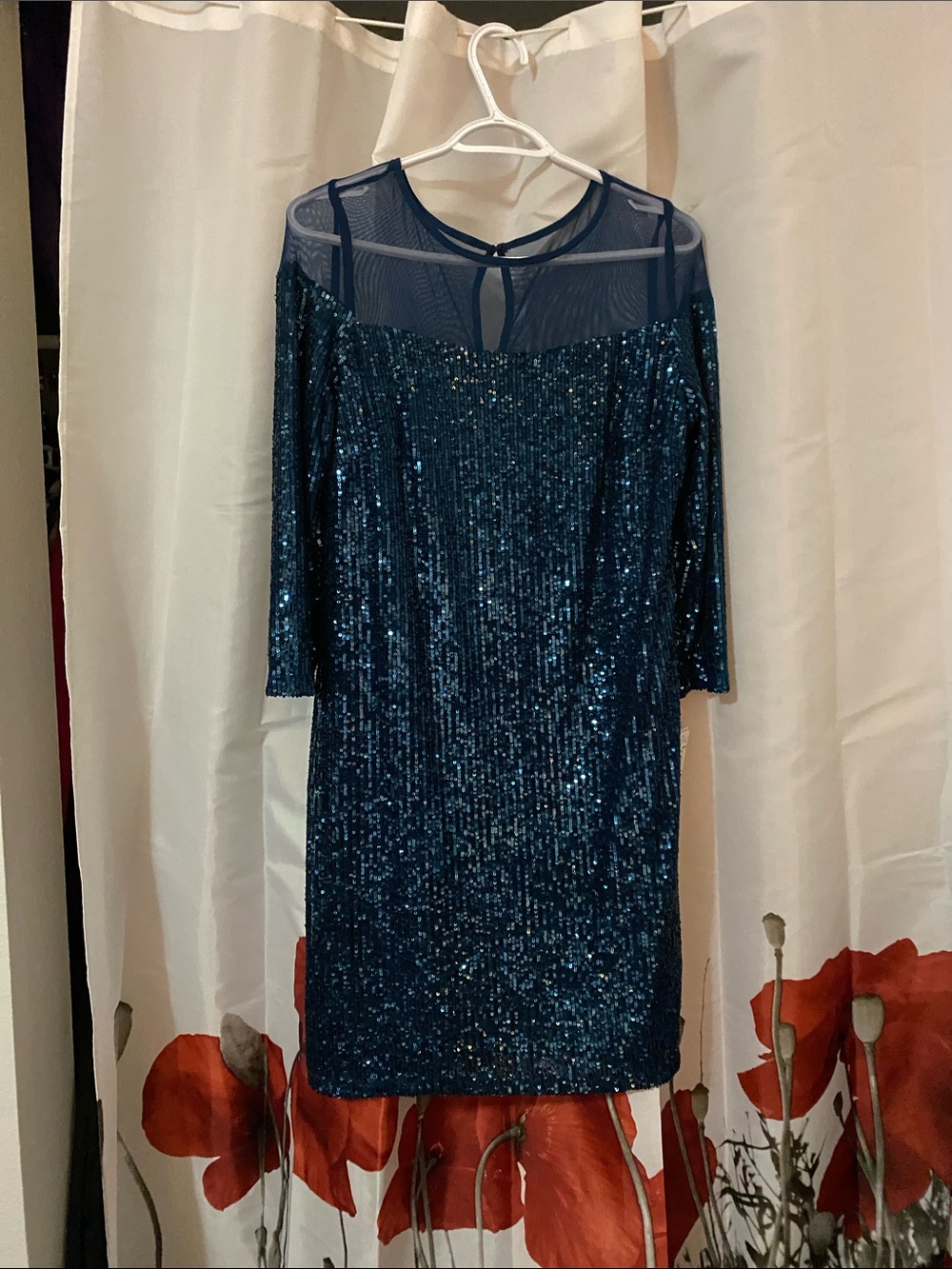 R&M Richards Blue Sequin Mesh Yoke Midi Dress